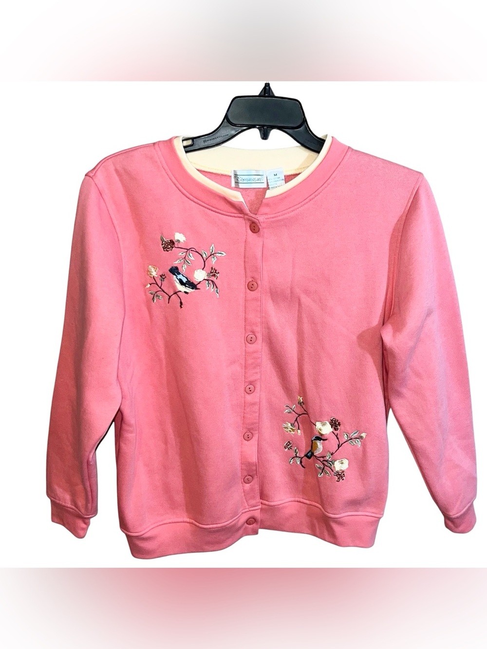 Shenanigans Button Front Long Sleeve Bird Floral Sweatshirt Women’s M Pink